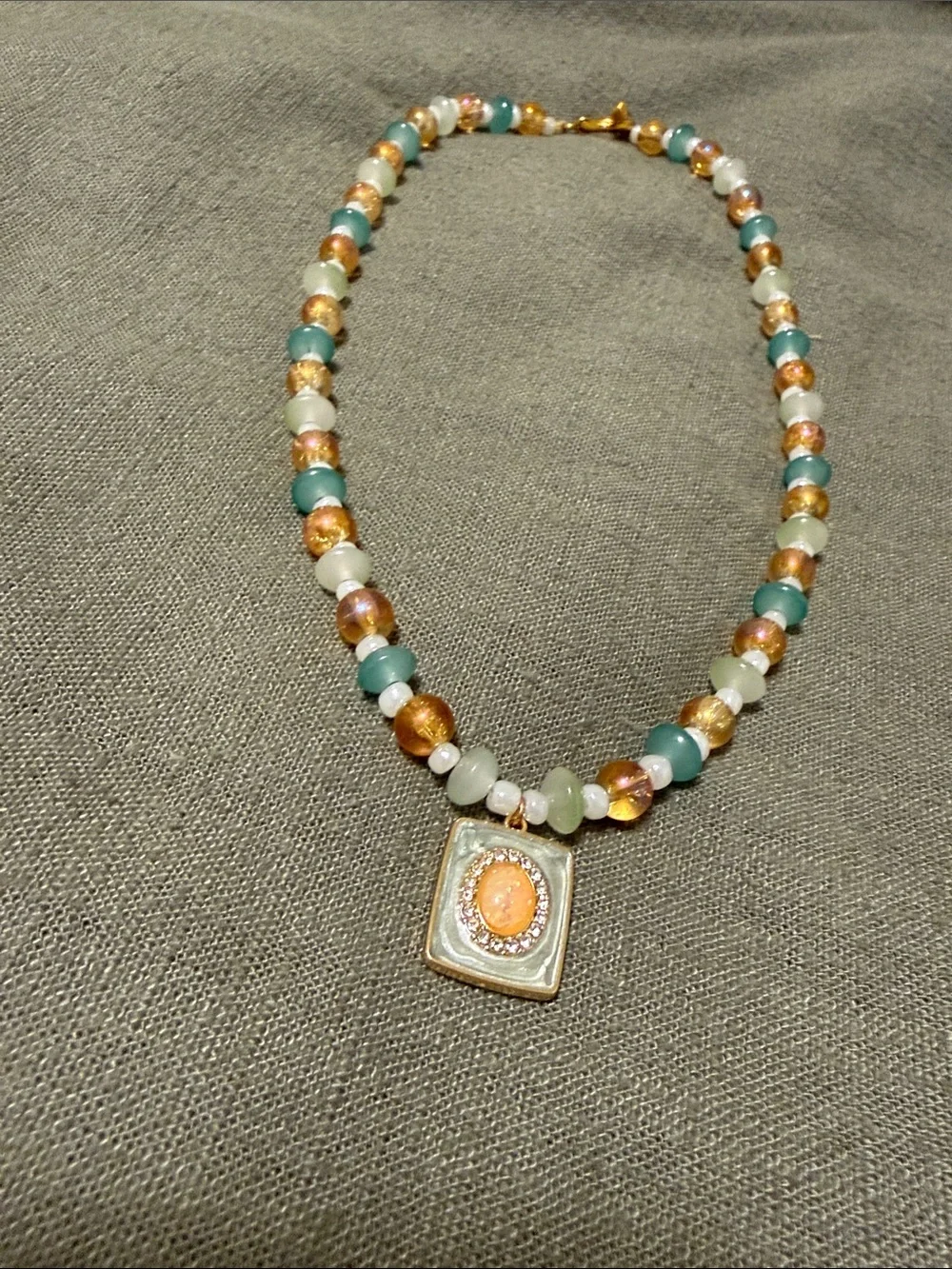 Gold & Aqua Beaded Pendant Necklace